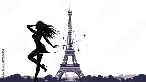 Glamorous silhouette of a woman with flowing hair posing elegantly in front of the Eiffel Tower in Paris, with sparkling stars adding a magical touch.