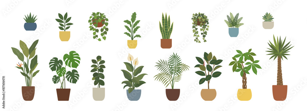 Obraz premium 観葉植物のシンプルな北欧風フラットイラスト素材セット｜Minimal houseplant illustration set