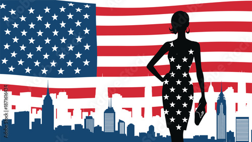Patriotic silhouette of a chic woman with a star pattern dress posing against a waving American flag and the New York City skyline.
