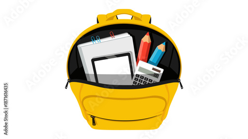 A vibrant yellow school backpack, unzipped to reveal essential educational supplies like a tablet, calculator, notebooks, and colorful pencils, ready for learning.