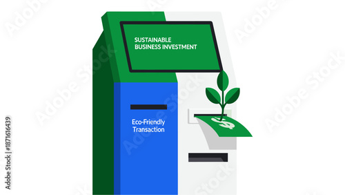 A modern ATM machine with a screen displaying 'Sustainable Business Investment' and a plant icon for eco-friendly transactions.