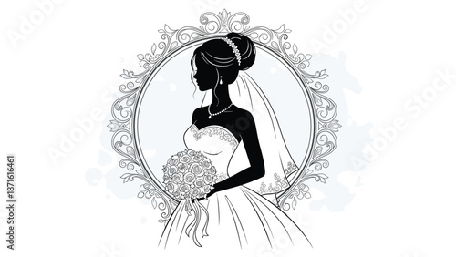 Beautiful black and white silhouette of a bride in a wedding gown holding a bouquet, framed by an ornate vintage silver border with ink splatters.