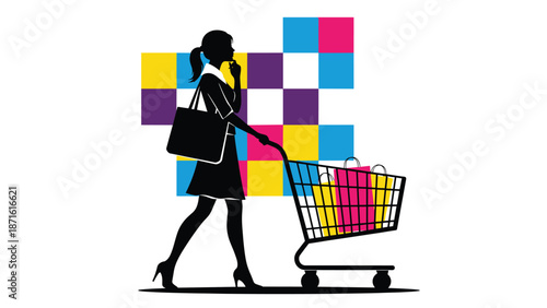 Silhouette of a thoughtful woman with a handbag pushing a shopping cart full of colorful bags, set against a modern background of colored squares.
