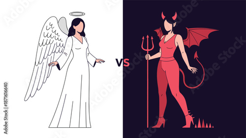 Contrast illustration of an angel in white and a devil in red standing opposite each other, representing the classic concept of good versus evil.