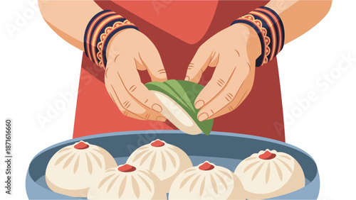 A close-up illustration of hands meticulously preparing delicious, freshly steamed Asian dumplings, showcasing traditional culinary artistry and attention to detail.