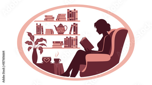 Silhouette of a woman peacefully reading a book in a cozy armchair, surrounded by bookshelves, a potted plant, and a steaming cup of tea or coffee.