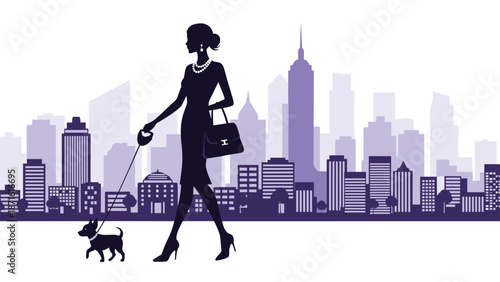 Elegant silhouette of a fashionable woman in a dress and pearls walking a small dog on a leash against a stylish purple city skyline.