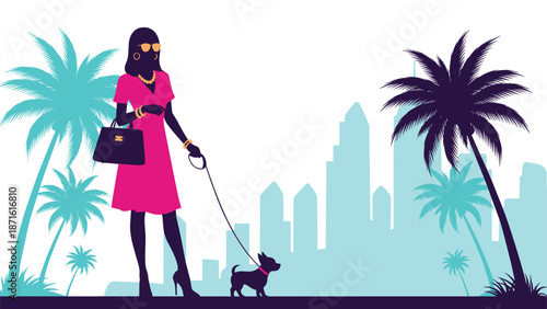 Chic silhouette of a glamorous woman in a pink dress and sunglasses walking her small dog against a city skyline with vibrant turquoise palm trees.