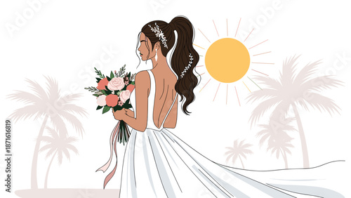 Beautiful bride in a backless wedding dress with a long ponytail holds a bouquet at a tropical beach destination with palm trees and a setting sun.