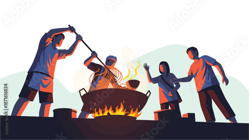 A vibrant illustration captures a group of people collaboratively cooking a large, traditional meal over an open fire, showcasing community spirit and culinary tradition.