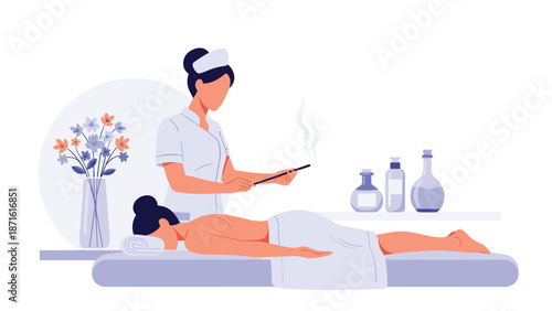 Woman receiving a relaxing aromatherapy or moxibustion treatment from a female therapist in a tranquil spa setting with flowers and beauty oils.