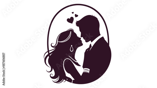 Romantic silhouette of a beautifully dressed bride and groom about to kiss, with love hearts above them, captured in a simple oval frame.