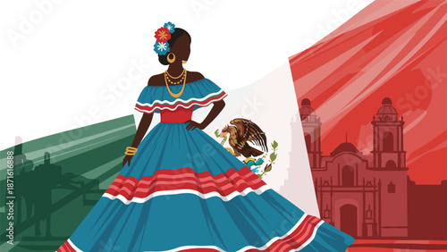 Beautiful woman of color wearing a traditional, colorful Mexican dress and flowers in her hair, posing against the Mexican flag and city landmarks.