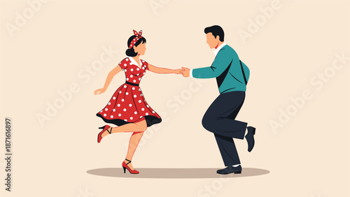 Happy young couple dressed in vintage 1950s rock and roll attire, smiling and dancing the swing or lindy hop together with joyful energy.