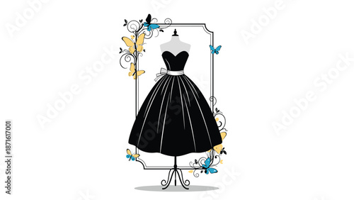 Elegant black strapless ball gown on a vintage mannequin, beautifully framed by delicate floral vines and colorful butterflies on a white background.