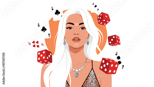 Glamorous woman with white hair and sparkling jewelry, surrounded by floating dice and playing cards, representing the allure of casino gaming.