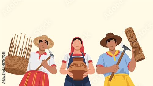 Three skilled artisans, a basket weaver, a potter, and a wood carver, proudly display their traditional crafts and tools, representing cultural heritage.