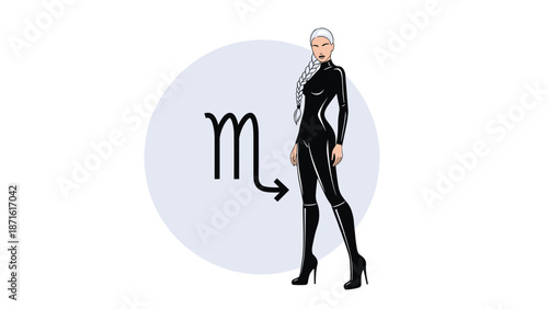Stylish illustration of a woman in a sleek black catsuit representing the Scorpio zodiac sign, with the astrological symbol displayed next to her.