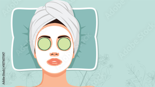 Top-down view of a woman with a towel on her head relaxing with a facial mask and cucumber slices on her eyes, enjoying a spa beauty treatment.