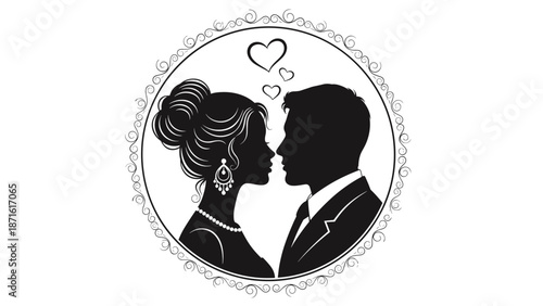 Romantic black and white silhouette of a bride and groom about to kiss, with love hearts above them, enclosed in a beautiful, decorative circular frame.