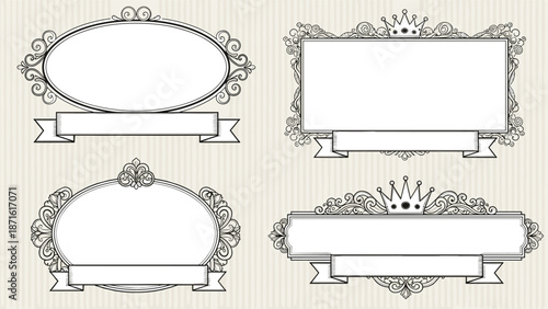 Set of four elegant, vintage-style black and white frames with ornate scrollwork, crowns, and blank ribbon banners for text on a striped background.