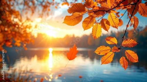 Golden autumn leaves frame a serene lake at sunset, creating a picturesque scene.