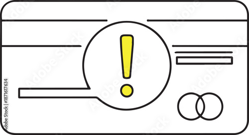 A minimalist line art vector of a credit card featuring a central yellow exclamation mark inside a circle, signaling a warning, error, alert, or security notification regarding an account.