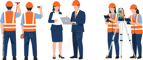 Collection of construction engineers in yellow hard hats working on laptops and surveying equipment, continuous line and flat vector illustration,