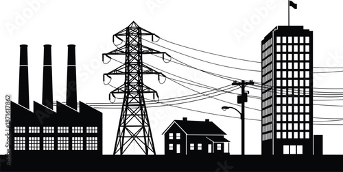 Industrial power plant silhouette with electricity transmission towers and power lines supplying energy to residential houses and urban office building skyscrapers.