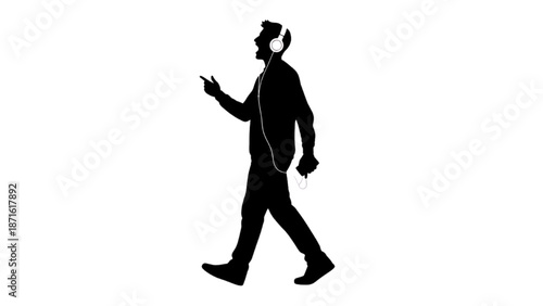Silhouette depicting a person walking, engaged in music, enjoying a private audio experience with headphones