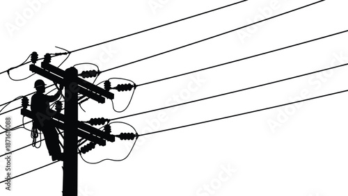 Silhouette of a utility lineman technician working on high voltage power lines atop an electrical pole for energy maintenance services.