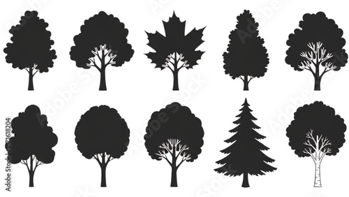 Collection of Various Silhouetted Trees on White Background