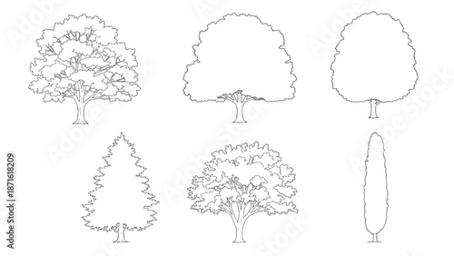 Collection of various tree outlines for design and illustration purposes