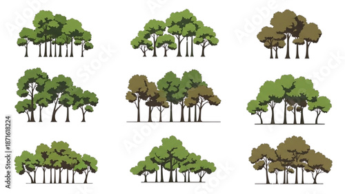 Set of nine diverse cartoon illustrations of forest trees