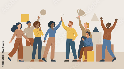 Diverse group of people celebrating success with trophy and high fives