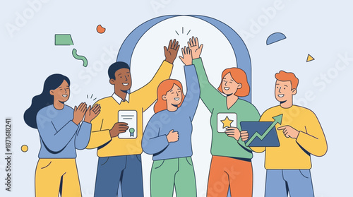 Diverse team celebrating success with high five and documents