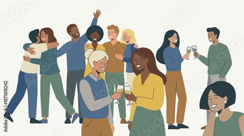 Diverse group of friends enjoying social gathering with drinks