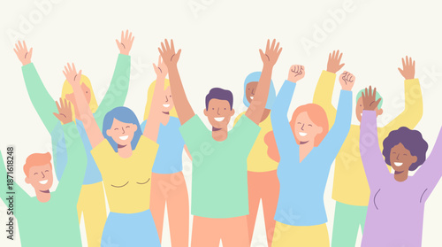 Diverse group of happy people celebrating together with raised hands