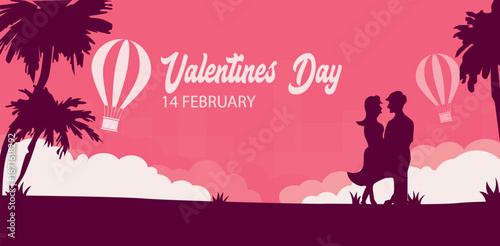 Romantic Valentines Day Illustration with Couple Silhouette and Hot Air Balloons in Pink Sky