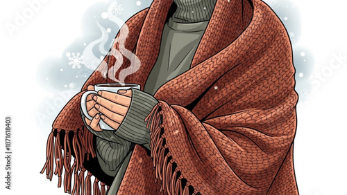 Person wrapped in a warm brown blanket holding a steaming mug on a cold winter day