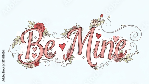 Be mine valentine's day greeting with roses and hearts on white background for love and affection