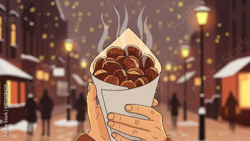 Roasted chestnuts in a paper bag on a snowy city street at night