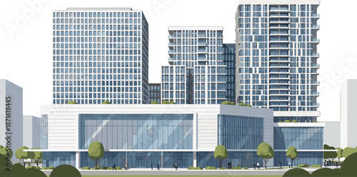 Modern office buildings with glass facade and trees