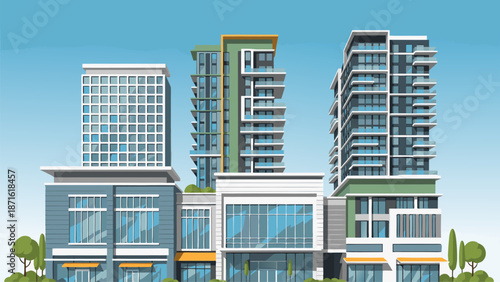 Modern city buildings with balconies and glass windows