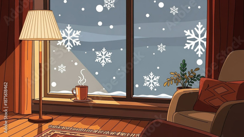 Cozy living room interior with warm lighting and snowy winter scene outside the window with a cup of hot drink on a saucer