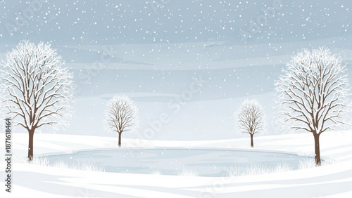 Snowy landscape with four bare trees around a frozen pond under snowfall