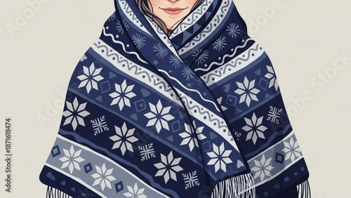 Woman wrapped in a blue and white snowflake patterned shawl with fringe