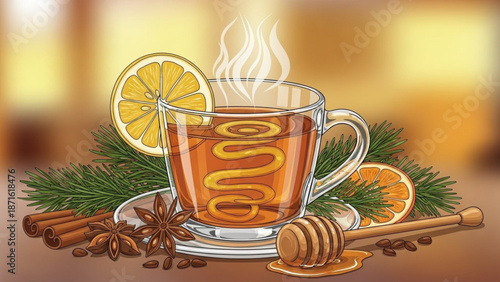 Warm and cozy illustration of a steaming cup of tea with lemon slices honey and spices on a saucer
