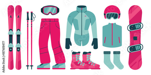 Vibrant winter sport gear set featuring pink and teal skis snowboard jacket and accessories