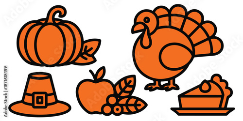 Thanksgiving monochromatic icons set with pumpkin turkey pilgrim hat apple and pie isolated on white
